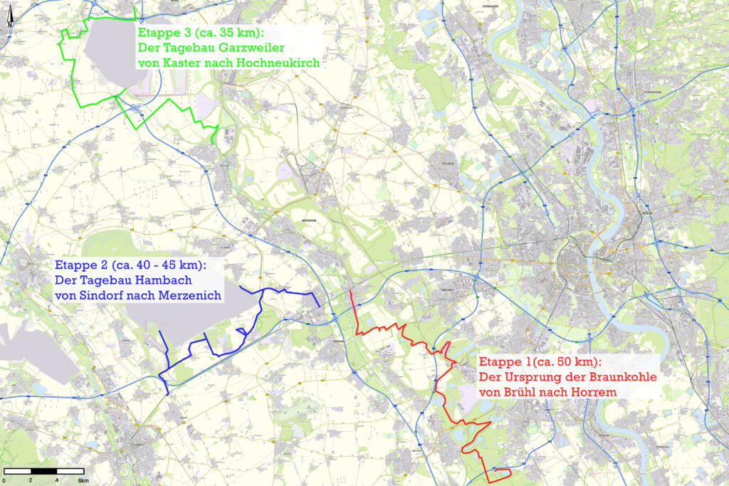 Eine Karte aus dem Rheinischen Braunkohlerevier in der Nähe von Köln mit verschiedenfarbig markierten Routen, die den Weg einer Fahrradexkursion durch das Revier beschreiben.